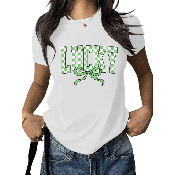 White Print Tshirt Graphic Tees Shirts St Patrick’s Day Lucky Themed Checkerboard Bow Design Holiday Casual Fashion Comfortable Breathable Classic Fit Tops S-5XL