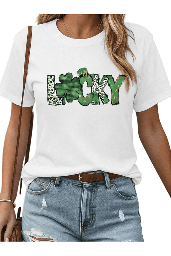 White Print Tshirt Graphic Tees Shirts St Patrick’s Day Lucky Themed Clover Leprechaun Hat Horseshoe Design Holiday Casual Fashion Lightweight Breathable Classic Fit Tops S-5XL