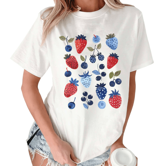 White Print Tshirt Graphic Tees Shirts Strawberry Blueberry Mix Casual S-5XL Tops