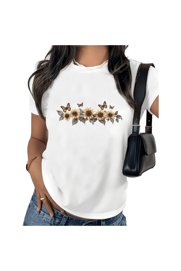 White Print Tshirt Graphic Tees Shirts Sunflower Butterfly Stripe Daily Casual Relaxing Nature Inspired Tops S-5XL Tops