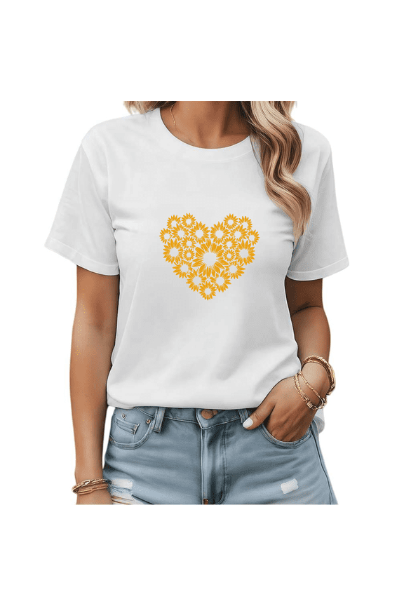 White Print Tshirt Graphic Tees Shirts Sunflower Heart Summer Outdoor Casual Comfort Wear S-5XL Tops