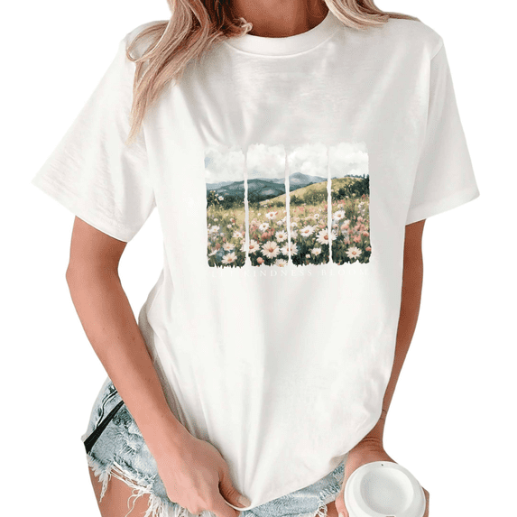 White Print Tshirt Graphic Tees Shirts Wildflower Meadow Gift For Kindness Advocates S-5XL Tops