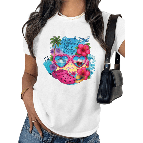 2025 Girls Trip Cruise Vibe Print Graphic Tees BFF Travel Statement Outfit Plane & Clog Detail T-shirt White S-5XL Tops