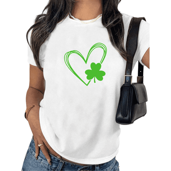 White Print Tshirt Graphic Tees Shirts with Green Heart Shamrock Pattern Ideal for St Patricks Day Weekend Outfits Tops S-5XL