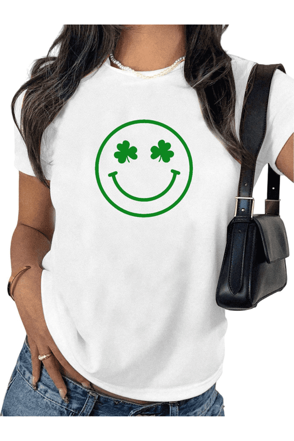White Print Tshirt Graphic Tees Shirts with Green Smiley Face Shamrock Design Ideal for St Patricks Day Casual Celebrations Tops S-5XL