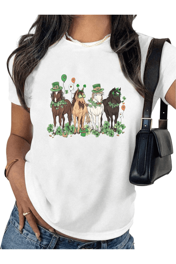 White Print Tshirt Graphic Tees Shirts with St Patricks Day Horse Shamrock Hat Balloon Pattern Ideal for Festive Celebrations Tops S-5XL