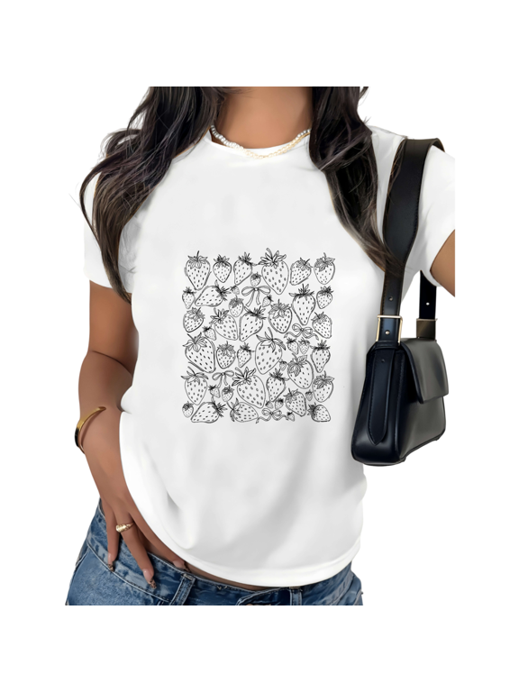 White Print Tshirt Graphic Tees Strawberry Doodle Grid Daily Casual Relaxing Retro Inspired Tops S-5XL Tops