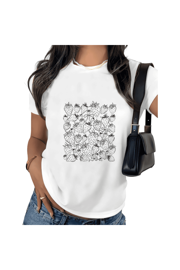 White Print Tshirt Graphic Tees Strawberry Doodle Grid Daily Casual Relaxing Retro Inspired Tops S-5XL Tops