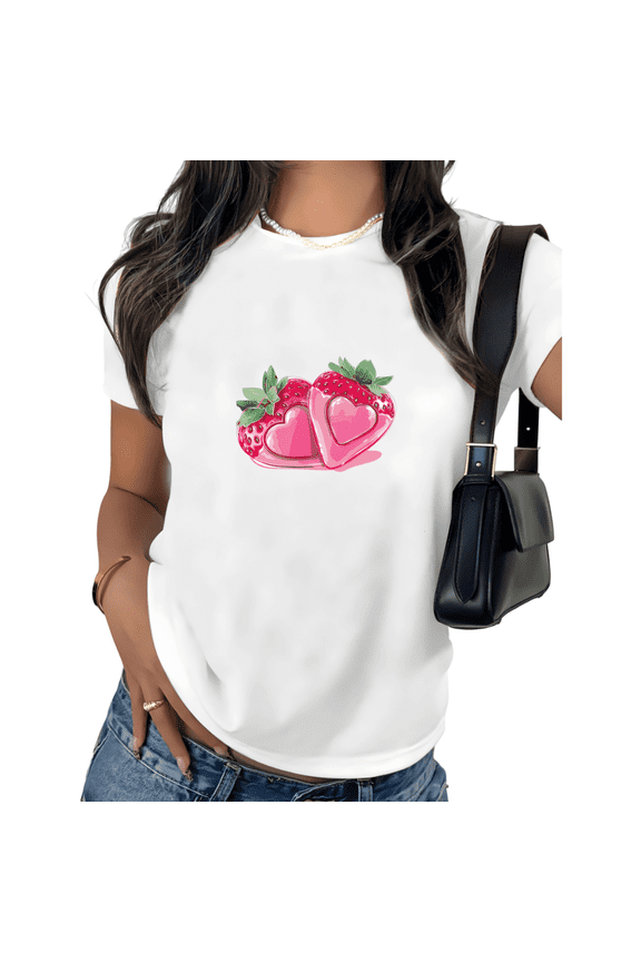 White Print Tshirt Graphic Tees Strawberry Heart Valentine Coquette Inspired Personalized Graphic Wear S-5XL Tops