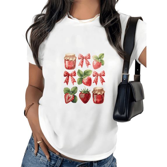 White Print Tshirt Graphic Tees Strawberry Jam Bow Coquette Daily Casual Relaxing Retro Inspired Tops S-5XL Tops