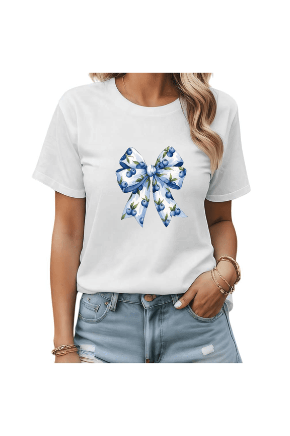 White Print Tshirt Graphic Tees Sweet Blueberry Bow Design Trendy Shirts S-5XL Tops