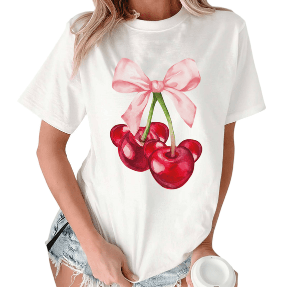 White Print Tshirt Graphic Tees Trendy Cherry Illustration Casual Tshirt S-5XL Tops