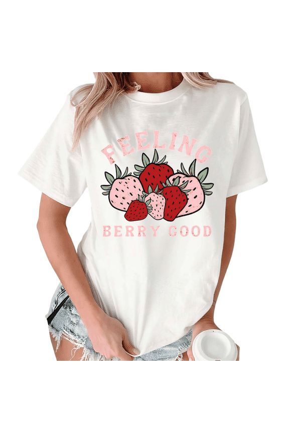 White Print Tshirt Graphic Tees Trendy Strawberry Illustration Casual Tshirt S-5XL Tops