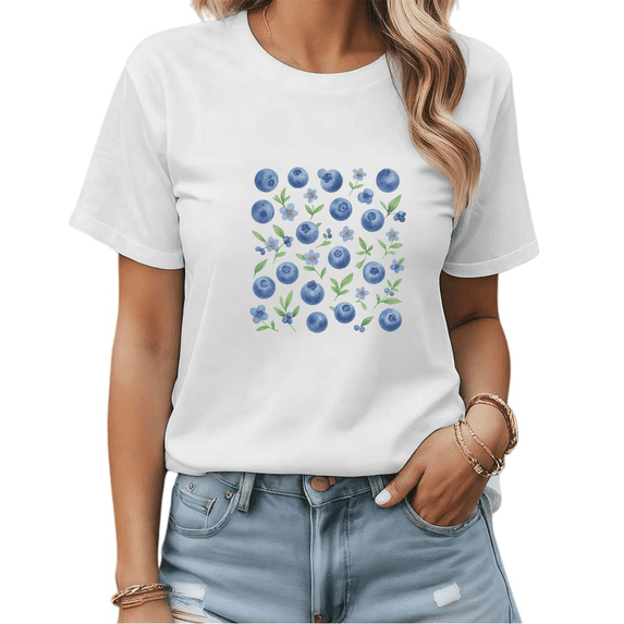 White Print Tshirt Graphic Tees Watercolor Blueberry Illustration Lightweight Shirts S-5XL Tops