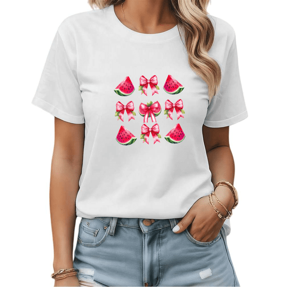 White Print Tshirt Graphic Tees Watercolor Watermelon Bow Illustration Lightweight Shirts S-5XL Tops