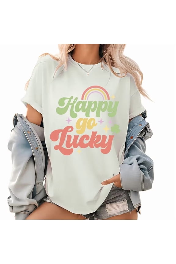 White Print Tshirt Graphic Tees with Happy Go Lucky St Patricks Day Rainbow Shamrock Print Festive Loose Fit Shirts Tops S-5XL
