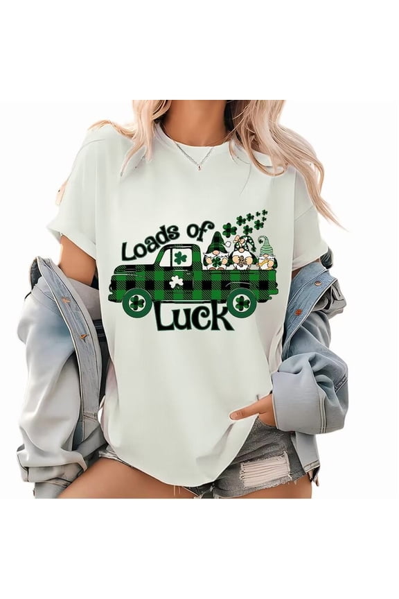 White Print Tshirt Graphic Tees with Loads of Luck St Patricks Day Plaid Truck Gnome Shamrock Print Festive Loose Fit Shirts Tops S-5XL
