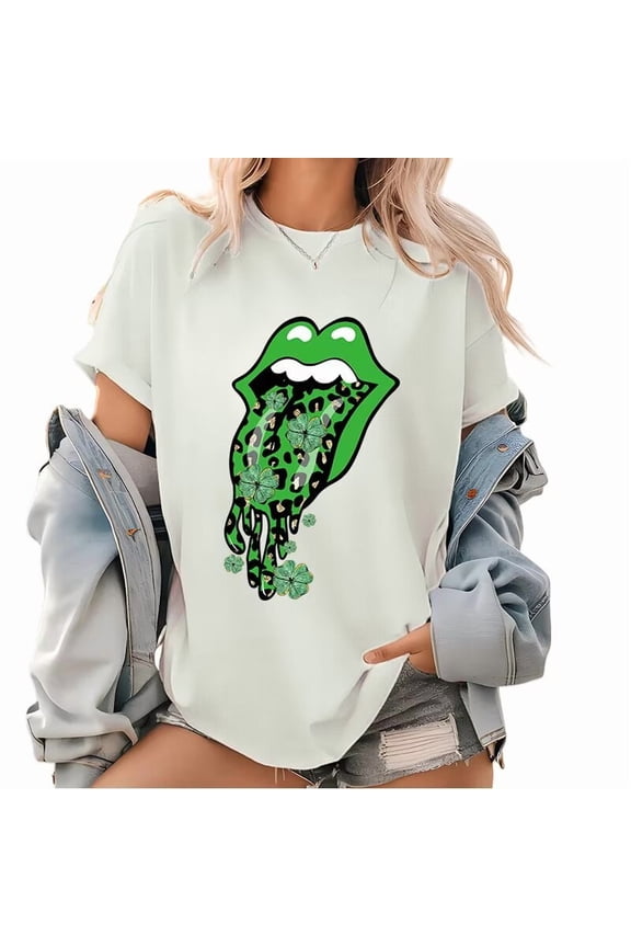 White Print Tshirt Graphic Tees with St Patricks Day Rolling Stone Tongue Shamrock Leopard Print Festive Loose Fit Shirts Tops S-5XL