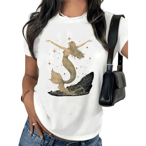 White Print Tshirt Mermaid Graphic Tees Shirts Ocean Fantasy Beach Mermaid Summer Cotton Tee S 5XL Tops