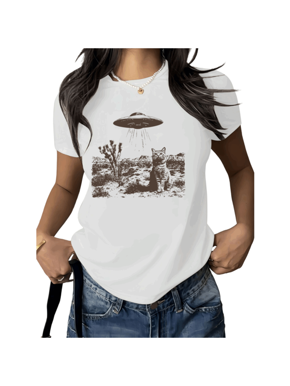 White Print Tshirt UFO Alien Graphic Tees Shirts Funny Cat UFO Sci Fi Desert Cotton Tee S 5XL Tops