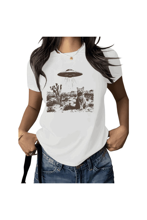 White Print Tshirt UFO Alien Graphic Tees Shirts Funny Cat UFO Sci Fi Desert Cotton Tee S 5XL Tops