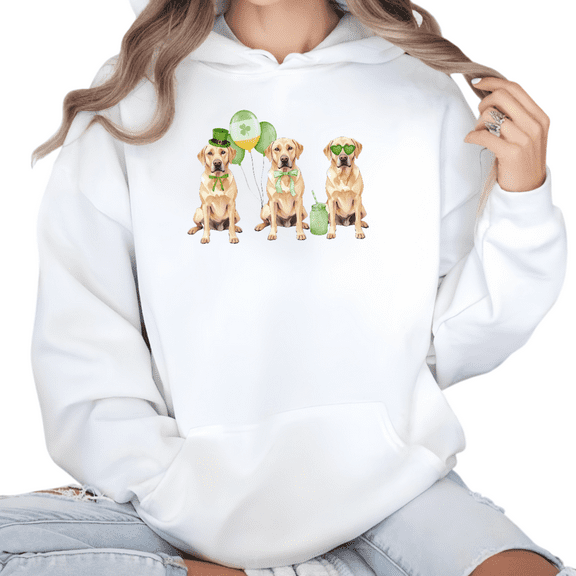White Print hoodie Graphic Sweatshirt S-2XL Festive Lab Dog Group Shamrock Pattern St Patricks Day Relaxed Tops