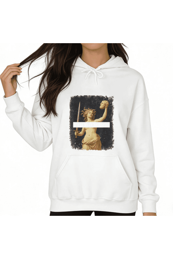 White Print hoodie Graphic Sweatshirt S-2XL Greek Myth Medusa Sword Print Edgy Streetwear Trendy Tops
