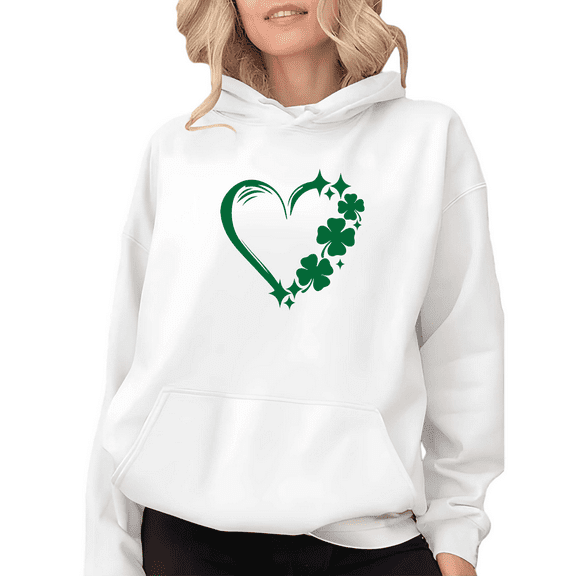 White Print hoodie Graphic Sweatshirt S-2XL Green Sparkle Heart Clover Print St Patricks Day Daily Tops