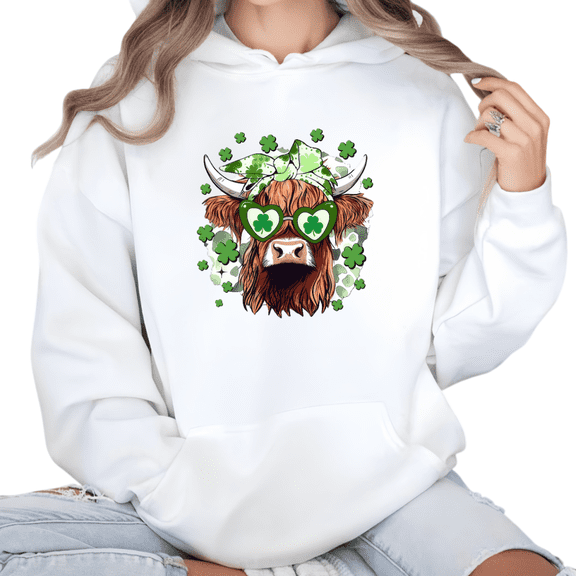 White Print hoodie Graphic Sweatshirt S-2XL Lucky Highland Cow Heart Shamrock Print St Patricks Day Holidays Tops