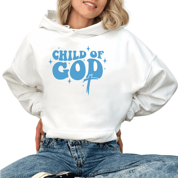 White Print hoodie Graphic Sweatshirt Womens S-2XL Child Of God Blue Star Cross Print Christian Faith Tops
