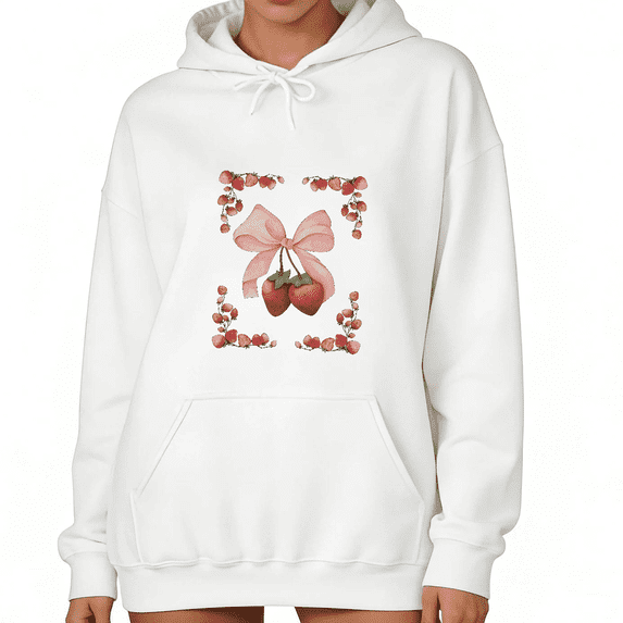 White Print hoodie Sweatshirt Graphic Sweatshirt S-2XL Strawberry Floral Frame Print Soft Coquette Trendy Tops