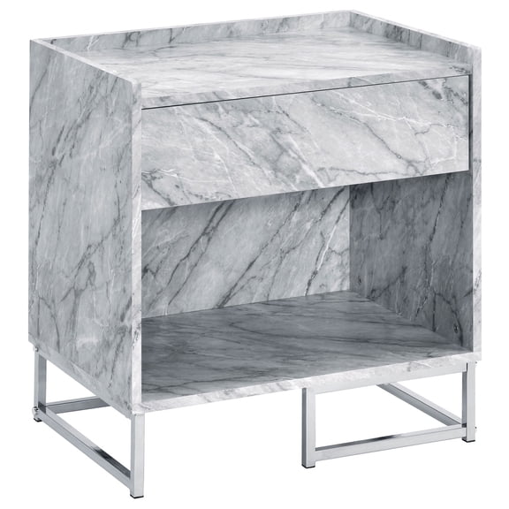 White Printed Faux Marble Accent Table for Living Space | Perfect for Decor Display and Drink Holding | Constructed from Particle Board and Chrome | Solves Storage Issue with Drawer and Bottom Shelf