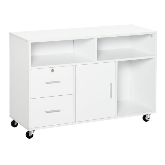 White Printer Cabinet Stand - Mobile Office Organizer With 2 Locking Breaks, Drawer, And 3 Shelves For Storing Magazines Files Caster Wheels, Notebooks