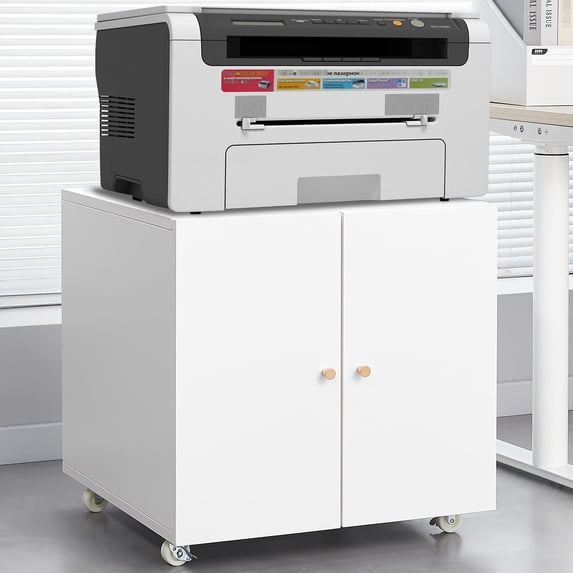 White Printer Stand with Universal Wheels - 360° Rotation for Mobility