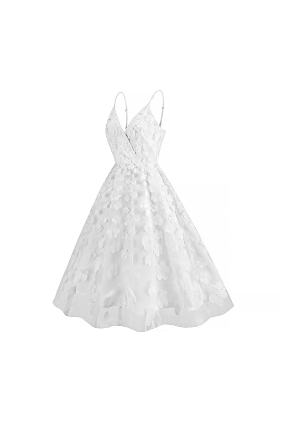 White Prom Dresses for Women Spaghetti Strap V Neck Floral Mesh Cocktail Party Dress Formal Wedding Homecoming Dress for Teen Girls White XXL