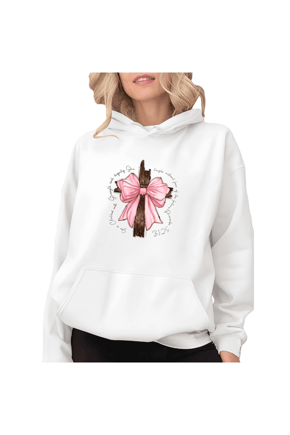 White Proverbs 31:25 Cross Pink Bow Hoodie Christian Faith Religious Belief Inspirational Message Casual Wear Tops S-2XL