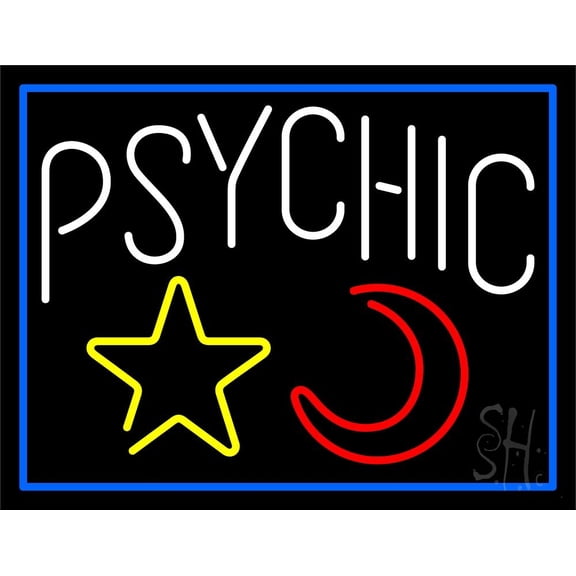 White Psychic With Moon And Star LED Neon Sign 15" Tall x 19" Wide - inches Black Square Cut Acrylic Backing, with Dimmer - Bright and Premium built indoor LED Neon Sign for Storefront.