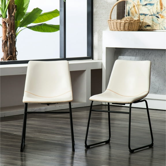 White Pu Leather Dining Chair (2) - Handmade Metal Stools, Upholstered Seat, Footrest, 18.5"w X 22.25"d 31.5"h Faux , 2 Chairs Soft Upholstery, Legs,