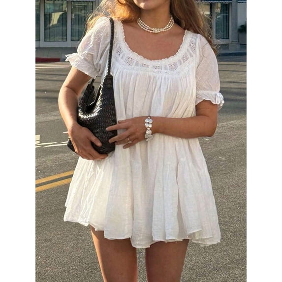 White Puff Sleeve Babydoll Mini Dress With Lace Trim Square Neck Flowy A-Line Sundress
