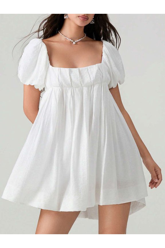 White Puff Sleeve Square Neck Ruched Bodice Flowy A-Line Mini Sundress