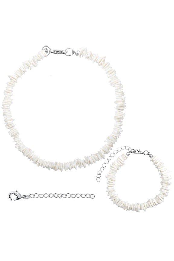 White Puka Shell Necklace Bracelet Jewelry Set, Boho Hawaiian Seashell Handmade Beaded Clam Chips Adjustable Summer Beach Surfer Choker Chains for Adults Men Women