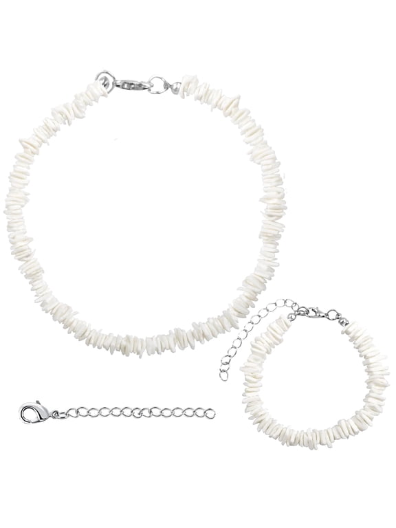 White Puka Shell Necklace and Bracelet Set, Boho Hawaiian Handmade Seashell Jewelry, Adjustable Summer Beach Surfer Choker Chains for Men & Women