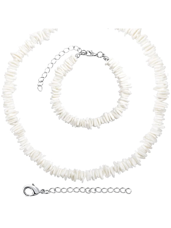 White Puka Shell Necklace Hawaiian Seashell Beach Surfer Choker Adjustable Handmade Beaded Summer Pooka Shells Clam Chips Necklace for Adult Teens Men Women