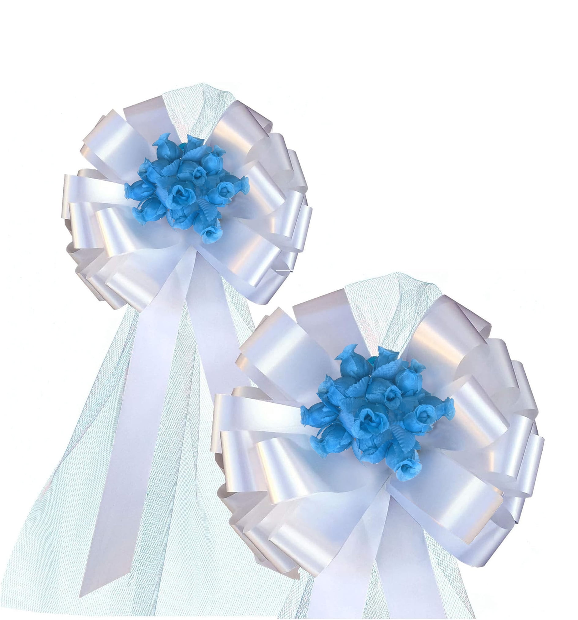 White Pull Bows with Turquoise Tulle Tails and Rosebuds - 8" Wide, Set of 6, Wedding Pew Bows, Reception, Aisle Decor, Anniversary