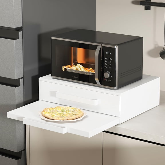 White Pull-Out Microwave Stand with Drawer & Countertop Shelf, Adjustable