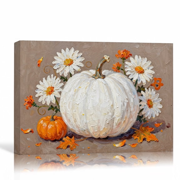 White Pumpkin Daisies Wall Art Fall Floral Canvas Print Rustic Harvest Gallery Wrapped Canvas Farmhouse Decor 18"L x 12"W