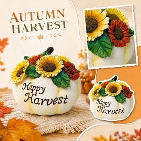 White Pumpkin Decor, Carved with "Happy Harvest" Text and Embedded Vivid Sunflower Details, for Fall Table Decor, Thanksgiving Table Decor, Farmhouse Fall Decor, Perfect for