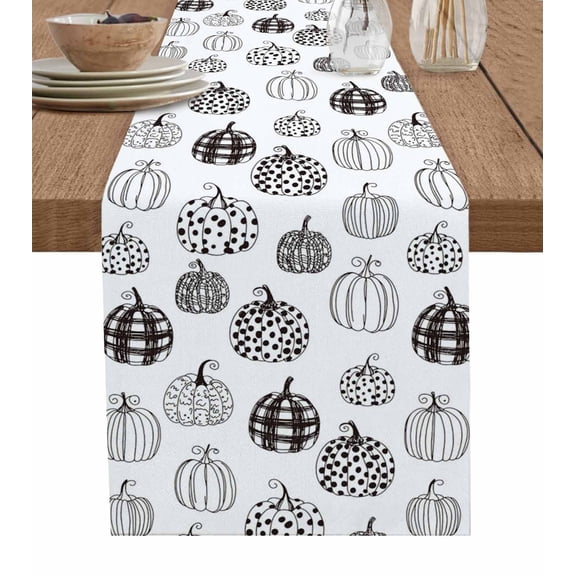 White Pumpkin Fall Burlap Cotton Table Runner 13x90 Inches Long, Thanksgiving Autumn Vintage Art Farmhouse Table Runners, Outdoor Dining Tablecloths Decor for Baby Shower/Party/Wedding