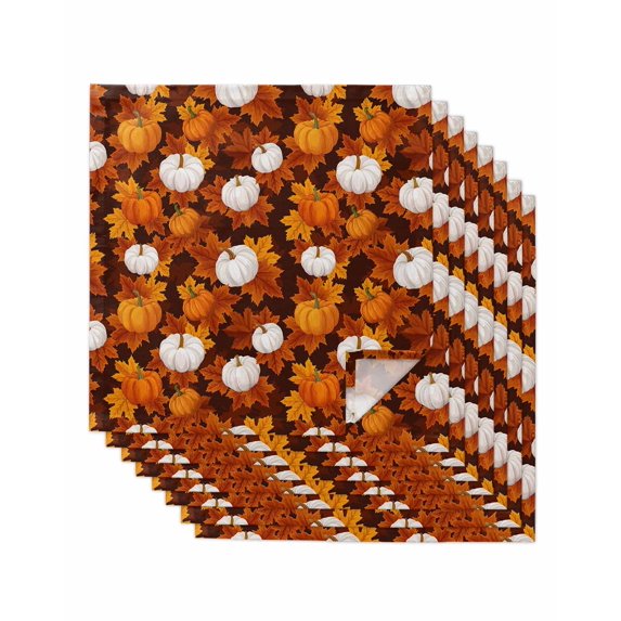 White Pumpkin Fall Cloth Napkins Set of 8 Reusable Dinner Napkins, Thanksgiving Maple Leaves Autumn Cocktail Napkin Washable Table Napkins for Wedding/Holiday Party/Baby Shower 20"x20"