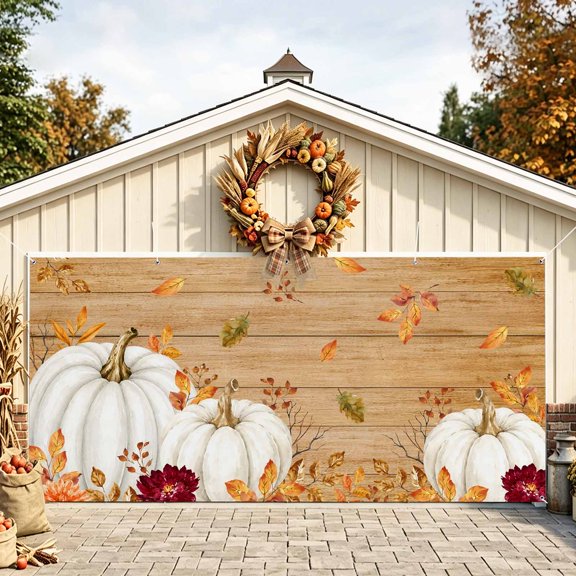 White Pumpkin Fall Garage Door Banner 6.9x8 Ft, Thanksgiving Wooden Autumn Leaves Outdoor Garage Door Cover for Holiday Party, Hanging Banner Backdrop Decoration Wall Decor Flag